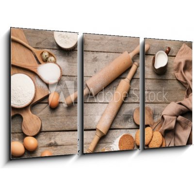 Obraz 3D třídílný - 90 x 50 cm - Ingredients for cookies and rolling pins on wooden background Ingredience pro sušenky a válečky na dřevěné pozadí – Hledejceny.cz