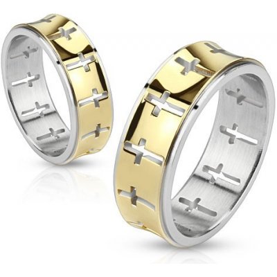 Šperky eshop ocelový prsten zlatý pásek s vykrojenými kříži L4.08 – Zboží Mobilmania