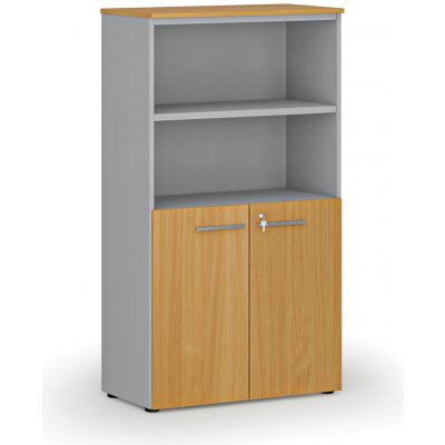 Primo Kombinovaná kancelářská skříň GRAY, dveře na 2 patra, 1434 x 800 x 420 mm, šedá/buk – Zboží Mobilmania