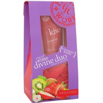 Grace Cole Fruit Works Divine sprchový gel Strawberry & Kiwi 50 ml + mycí houba dárková sada