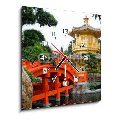 Obraz s hodinami 1D - 50 x 50 cm - The Golden pavilion and red bridge in Nan Lian Garden, Hong Kong Zlatý pavilon a červený most v Nan Lian Garden, Hong Kong – Hledejceny.cz