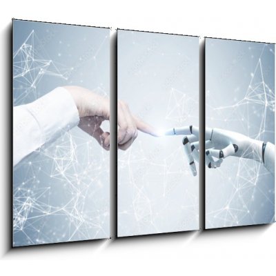 Obraz 3D třídílný - 105 x 70 cm - Human and robot hands reaching out, network Lidské a robotické ruce natahující ruku, síť