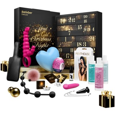 Satisfyer Advent Calendar erotické pomůcky 12 ks + BDSM pomůcky 4 ks + lubrikační gel 2 ks + sprej na oddálení ejakulace 1 ks + masážní olej 1 ks + masážní svíčka 1 ks + erotická hra 1 ks + erotické p – Zboží Mobilmania