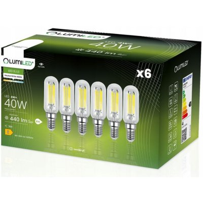 LUMILED 6x LED žárovka E14 T25 4W = 40W 440lm 4000K Neutrální bílá 360° Filament