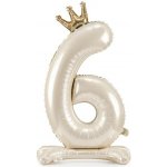 PartyDeco Balónek fóliový Stojací číslo 6 s korunkou světle krémový 84 cm – Zboží Dáma