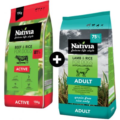 Nativia Dog Active 15kg + Adult Lamb&Rice 15kg