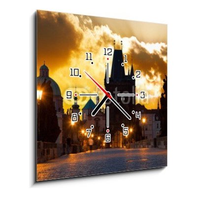 Obraz s hodinami 1D - 50 x 50 cm - sunrise over Prague - look from Charles (Karluv) bridge východ slunce nad Prahou