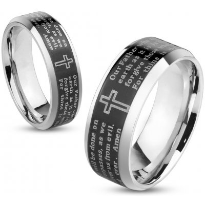 Šperky Eshop prsten z oceli Stříbrná barva černý pásek s modlitbou Otčenáš S81.04 – Zboží Mobilmania