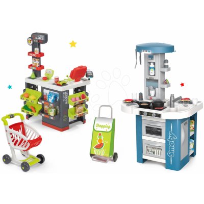 Smoby Set kuchyňka s technickým vybavením Tech Edition elektronická se supermarketem a nákupní vozík s taškou – Zboží Mobilmania