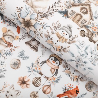 Bavlněná látka/plátno Sandra SA-708 Zimní pohádka modro-šedo-hnědá na bílém - šířka 160 cm – Zboží Dáma