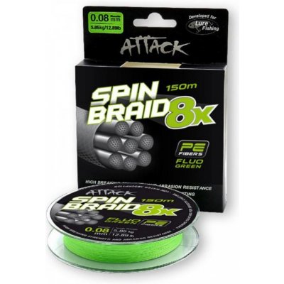 Splétaná Šňůra Attack Spinbraid 8X Fluo Green 5,85kg 150m 0,08