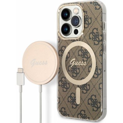 Pouzdro Guess 4G MagSafe Kompatibilní Zadní + Bezdrátová Nabíječka iPhone 14 Pro hnědé – Zboží Mobilmania