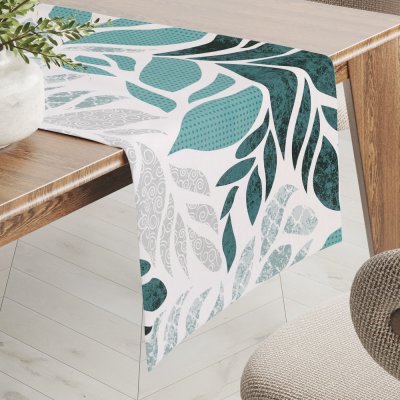 Biante bavlna běhoun Sandra SA-572 Šedo-modrozelené abstraktní listy na bílém 35x140 cm – Sleviste.cz