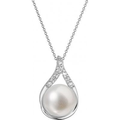 Evolution Group Zlatý 14 karátový náhrdelník slza bílé zlato s bílou říční perlou a brilianty 82PB00032