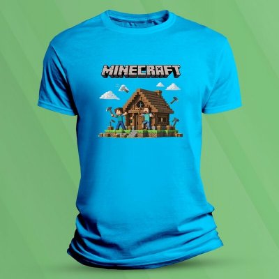 Sandratex dětské tričko s potiskem Minecraft dům 2 Azurová – Hledejceny.cz