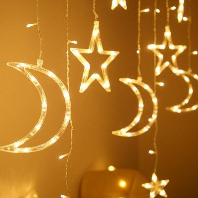 jefety 3.5M LED záclony Světla Hvězda Měsíc Víla Girlanda Svatební strana Vánoční dekorace Lampy Teplá bílá pohádková světla Záclony Světla