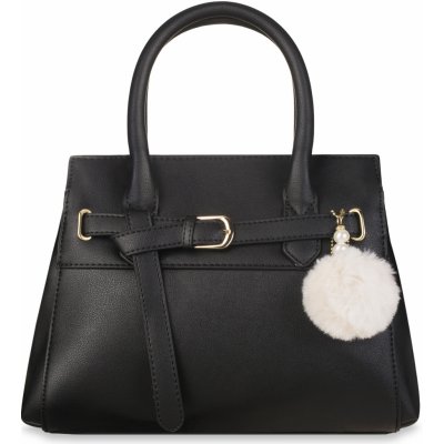 Klasická dámská dvoukomorová kabelka elegantní kufřík aktovka do ruky a přes rameno s přezkou a pomponem černá