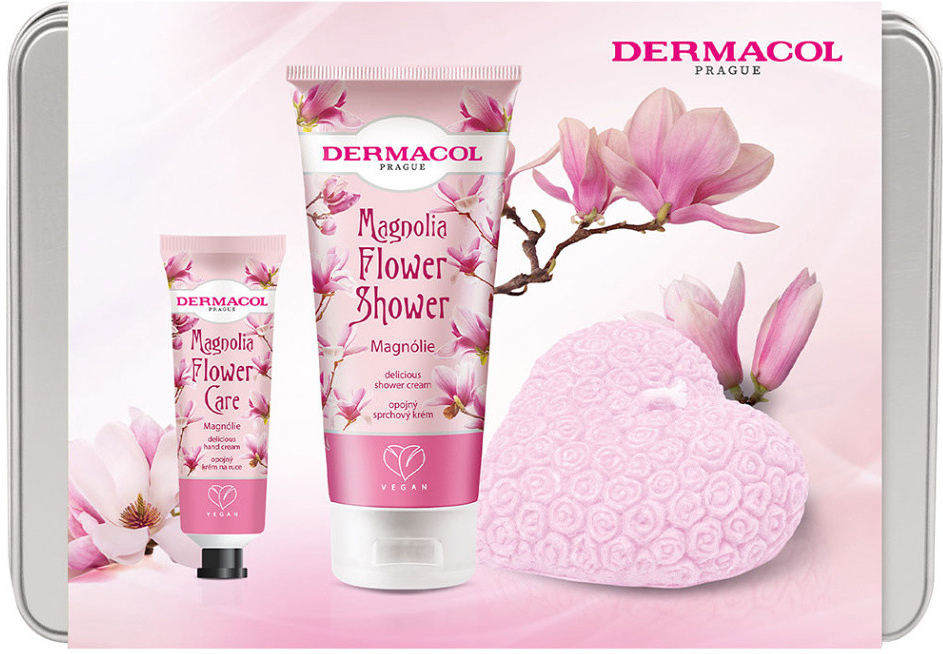 Dermacol Flower Care sprchový krém magnolie 200 ml + krém na ruce magnolie 30 ml + dekorativní vonná svíčka magnolie 130 g