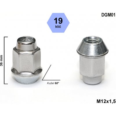 Kolová matice M12x1,5 kužel nerez víčko, klíč 19, DGM01, CHEVROLET, OPEL, výška 36 – Sleviste.cz