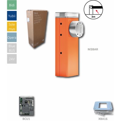 M3BAR automatická závora do 3 m (24 V, 150 W, 100 Nm) řídicí jednotka BCU1, 1x základová deska XBA16, bez ramena