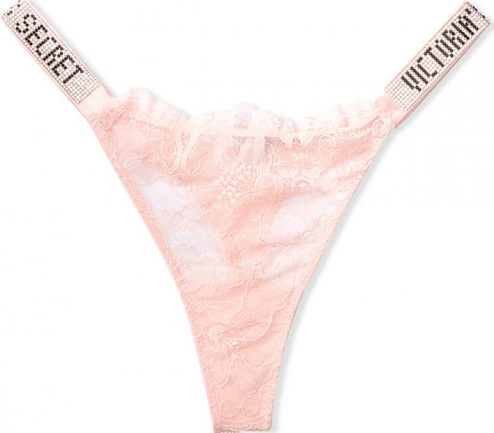 Victoria's Secret tanga v krajce s kamínky Lace & Logo Strap Purest Pink |  Srovnanicen.cz