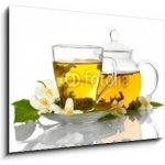 Obraz 1D - 100 x 70 cm - green tea with jasmine in cup and teapot isolated on white zelený čaj s jasmínem v šálku a čajové konvice izolovaných na bílém – Zboží Mobilmania