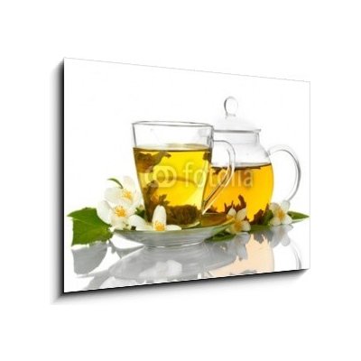 Obraz 1D - 100 x 70 cm - green tea with jasmine in cup and teapot isolated on white zelený čaj s jasmínem v šálku a čajové konvice izolovaných na bílém – Zbozi.Blesk.cz