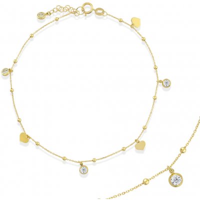 Lillian Vassago Zlatý řetízek na nohu se srdíčky, kuličkami a zirkony LLV22-GBL011Y – Zboží Mobilmania