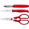 Kuchyňské nůžky ZWILLING Twin Grip červený – ocelový nůž na loupání zeleniny a ovoce, škrabka a nůžky