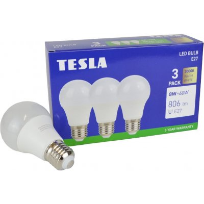 Tesla Lighting LED žárovka BULB E27, 8W, 230V, 806lm, 25 000h, 3000K teplá bílá, 220st 3ks – Zboží Živě