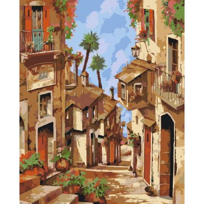 MALUJEŠ Malování podle čísel GUIDO BORELLI STRMÁ ITALSKÁ ULIČKA Rozměr 80 x 100 cm Rámování vypnuté plátno na rám – Zboží Dáma