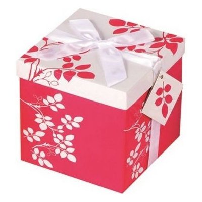 Dárková krabička skládací s mašlí M 15x15x15 cm červenobílá s květinami