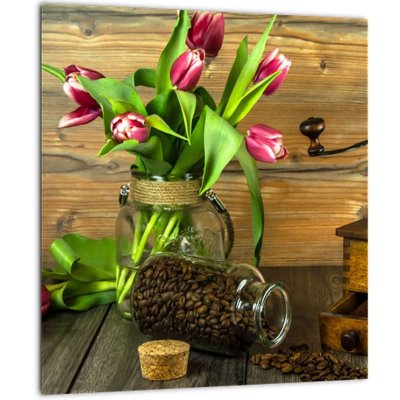 Obraz - tulipány, mlýnek a káva, jednodílný 30x30 cm – Zbozi.Blesk.cz