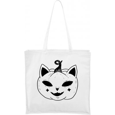 Ručně malovaná větší plátěná taška - Halloween kočka - Dýně, bílá/černý motiv