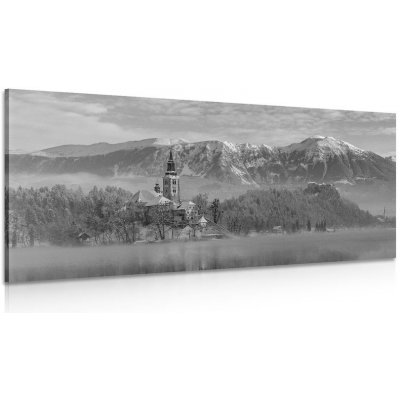 Obraz kostel u jezera Bled ve Slovinsku v černobílém provedení - 100x50 cm – Zboží Mobilmania