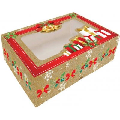 Alvarak vánoční krabice na cukroví Hnědá s dárky a zvonky 23 x 15 x 5 cm
