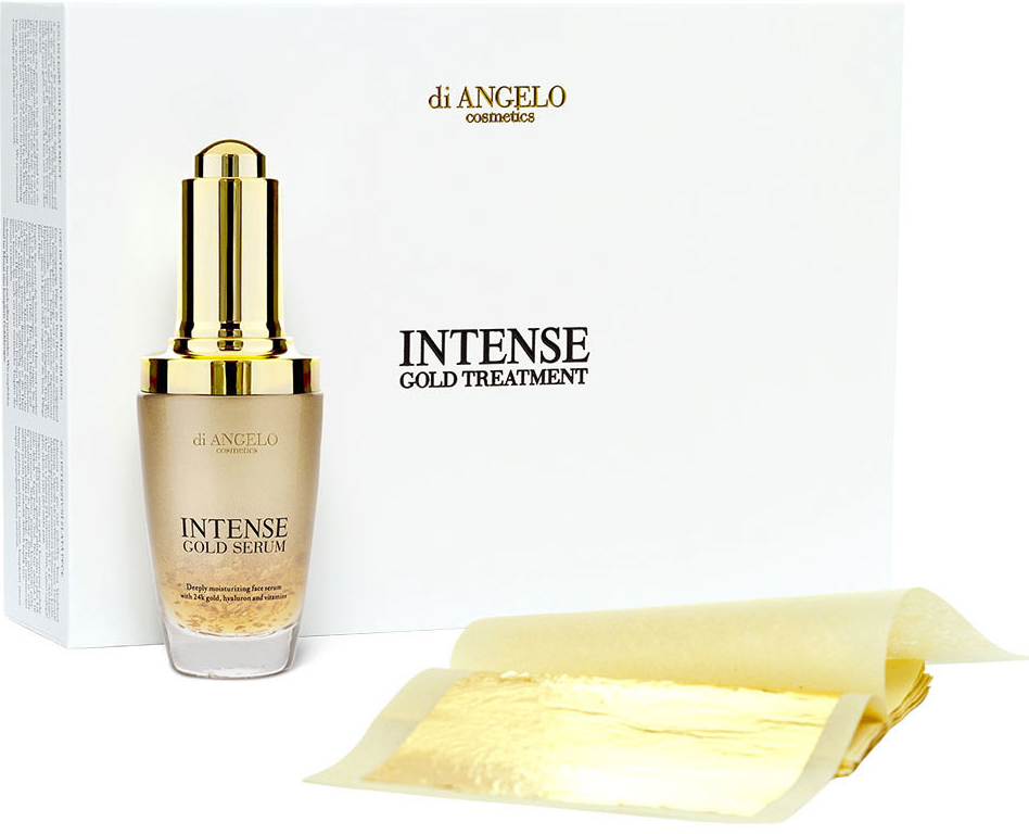 Di Angelo Cosmetics Intense Gold Treatment Intense Gold Serum hydratační pleťové sérum s 24karátovým zlatem 30 ml + plátky zlata 30 ks dárková sada