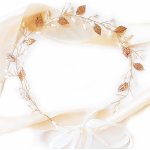 Zlatá svatební čelenka v boho stylu s perlami a listy – Zboží Dáma