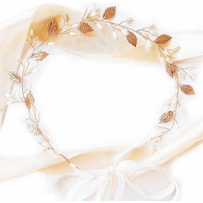 Zlatá svatební čelenka v boho stylu s perlami a listy – Zboží Dáma