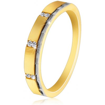 Šperky Eshop Prsten v kombinovaném zlatě svislé zářezy s osazenými zirkony vybroušený horní lem S3GG248