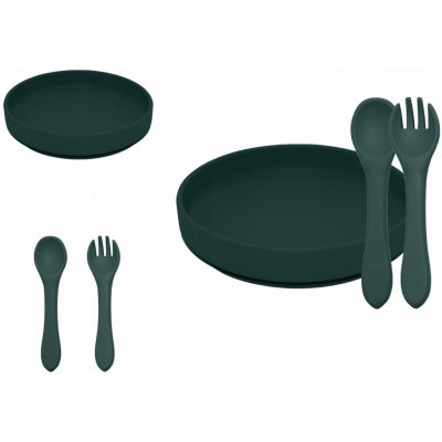 Petite & Mars Set jídelní silikonový Take Match talíř příbor 6m+ Misty Green 2 ks