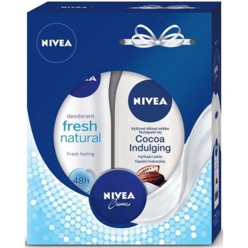 Nivea Cocoa Indulging výživné tělové mléko 250 ml + Fresh Natural antiperspirant sprej 150 ml + krém 30 ml dárková sada