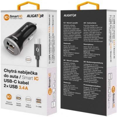 Nabíječka do auta ALIGATOR USB-C 2xUSB výstup, 3.4A, smart IC, black – Zboží Mobilmania