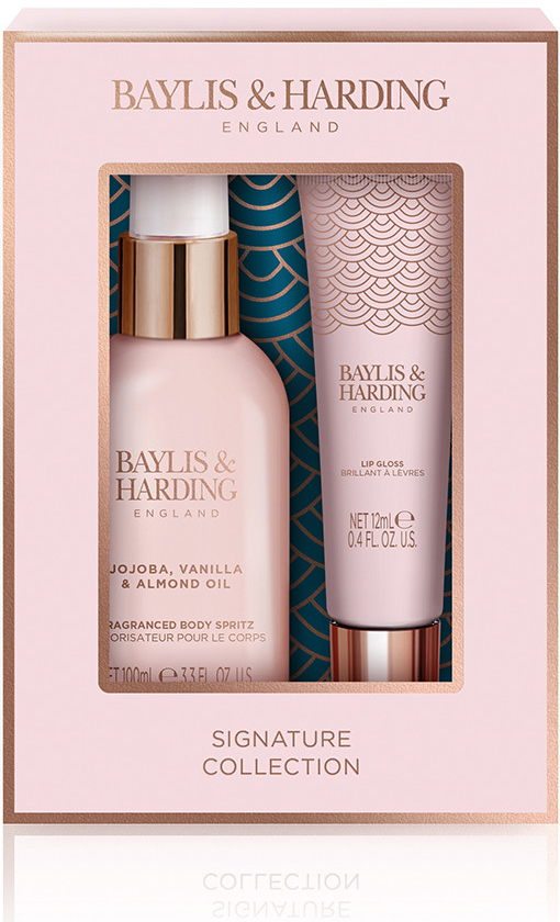 Baylis & Harding Jojoba, Vanilla & Almond Oil Signature Collection tělový spray Jojoba, Vanilla & Almond Oil 95 ml + lesk na rty 12 ml dárková sada