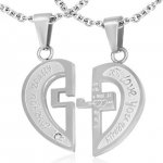 Šperky eshop Ocelový dvojpřívěsek stříbrné barvy rozpůlené srdce nápisy kříž zirkony S59.12 – Zboží Mobilmania