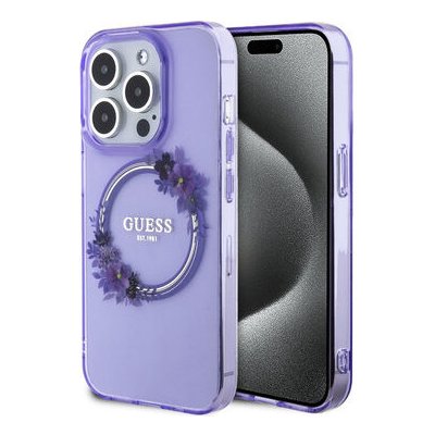 Guess PC/TPU Flowers Ring Glossy Logo MagSafe Apple iPhone 15 Pro fialové