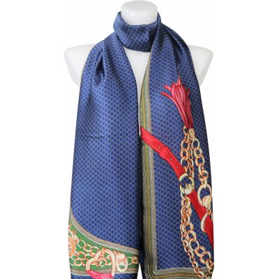 Biju dámský dlouhý saténový šátek 1912-5 potisk řetízků modré barvy 7200429-4 – Zboží Mobilmania