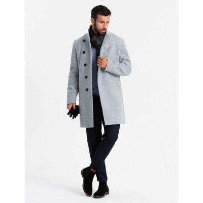 Ombre Clothing pánský kabát s vysokým límcem a asymetrickým zapínáním šedý melír – Zboží Dáma