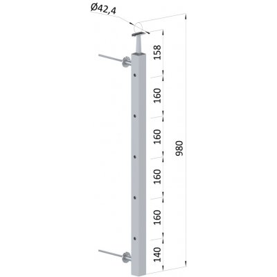 Nerezový sloup na francouzský balkón, boční kotvení, 5 dírový, průchozí, vrch pevný, (40x40x2.0 mm), broušená nerez K320 /AISI304