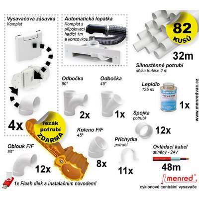 Instalační komplet centrálního vysávání - zásuvka (4 ks), podlahová štěrbina (1 ks), řezák potrubí(1 ks), potrubí (32 m), potrubní díly (82 dílů). Určeno pro centrální vysavače a centrální vysávání. – Zboží Mobilmania